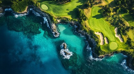 Aerial view of a golf course by the ocean in paradise, with vibrant colors and beautiful nature photography.