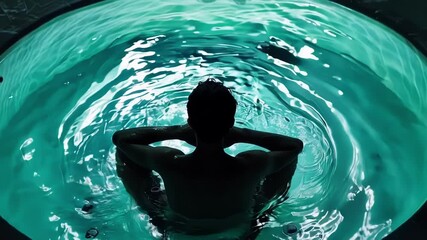 Man sitting in a round plunge pool with turquoise water, enjoying cold plunge therapy for relaxation and wellness at night