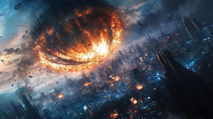 Apocalyptic Cityscape: A Burning Celestial Body Descends