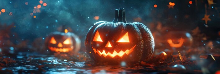 Spooky Halloween scene with glowing jack-o'-lanterns amidst fog, capturing the essence of autumn festivities and frightful fun.