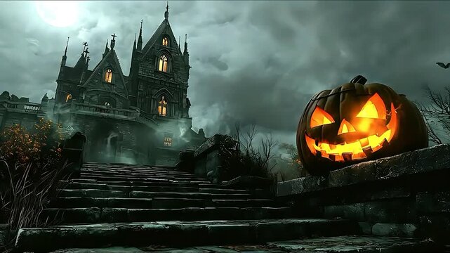 A spooky Halloween scene with a jack-o-lantern in front of a dark, gothic castle
