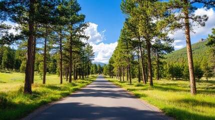 Fototapeta premium A serene tree-lined road under a bright blue sky, inviting travelers to explore nature's beauty and tranquility.
