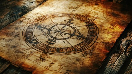 Fototapeta premium Ancient map featuring intricate designs and symbols, showcasing a weathered appearance and mysterious charm.