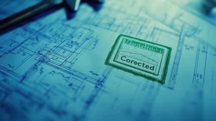 Corrected Blueprint with Green Stamp - Detailed Close-Up of Architectural Finalization Process and Tools in Soft Focus Background - Ideal for Construction, Engineering, and Purchasing Documentation