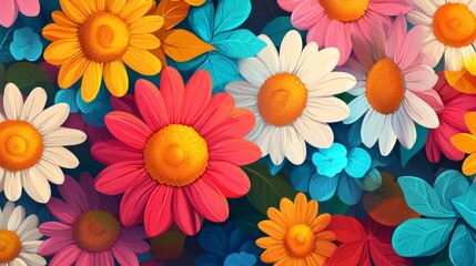 Colorful floral background, vibrant flower pattern with colorful daisies and sunflowers in a cartoon style.