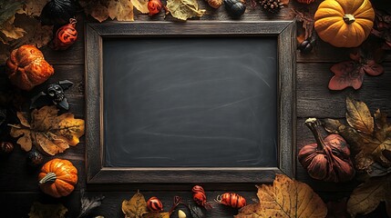 Cozy cafÃ© chalkboard with a rustic wooden frame, decorated with Halloween elements and bathed in warm light, creating an inviting and spooky atmosphere