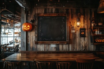 Halloween-themed chalkboard in a rustic cafÃ©, framed in wood, with warm ambient lighting that enhances the spooky yet inviting vibe