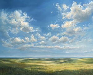 Obraz premium A serene landscape showcasing rolling hills under a bright blue sky, adorned with fluffy clouds and lush green grass.