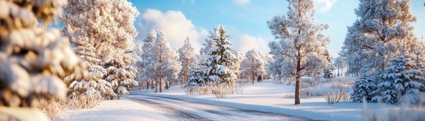 Fototapeta premium A serene winter landscape featuring snow-covered trees and a clear blue sky, perfect for capturing the beauty of the season.