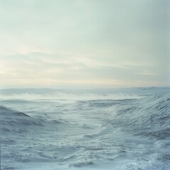 Obraz premium A serene winter landscape showcasing a vast expanse of gentle snow-covered hills under a soft cloudy sky.