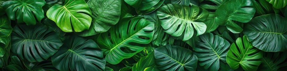 Lush green tropical leaves background with vibrant textures.