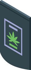 Black plastic package containing medical marijuana is shown with a green cannabis leaf on the label