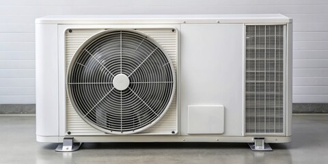 Fototapeta premium Close up of an air conditioning heat pump, cooling, HVAC, technology, appliance, energy efficient