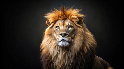 Fototapeta premium Majestic lion with a crown staring into the distance on black background, lion, crown, majestic, regal