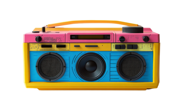 Colorful retro boombox with vibrant pink, blue, and yellow design. Perfect for nostalgia and music-themed projects.