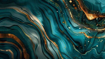 top view of teal and gold marble, with aquamarine colors, creating intricate details depth to the surface.