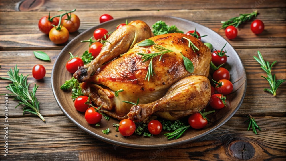 Poster Realistic roasted chicken with tomatoes and herbs on a plate, roasted chicken, tomatoes, herbs, delicious, savory, appetizing, cooked