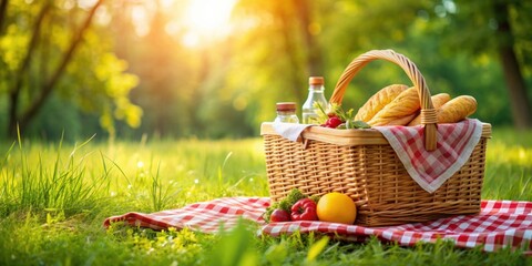 Picnic basket on green lawn in summer nature setting, picnic, basket, summer, nature, green, lawn, vacation