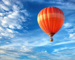 Naklejka premium A vibrant orange hot air balloon soaring through a clear blue sky with fluffy white clouds, evoking a sense of adventure and freedom.