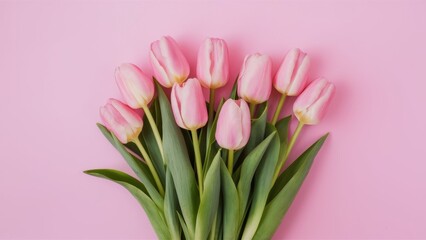 An exquisite composition of a pink tulip, showcasing its vibrant color and graceful petal structure. This photo presents the tulip in a simple and elegant setting, suitable for home decor, garden them