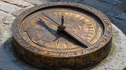 Obraz premium An ancient sundial resting on stone, showcasing intricate engravings and casting shadows with sunlight.