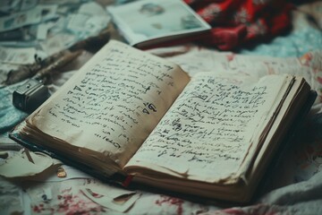 Obraz premium An antique book with handwritten pages resting on a colorful quilt, surrounded by nostalgic photographs and vintage items.