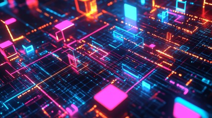 A digital background with colorful neon squares and circuit patterns