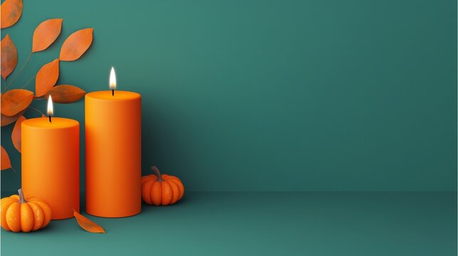 Theme Halloween in Bohemian: Autumn scene with orange candles, mini pumpkins, and fall leaves on a green background.