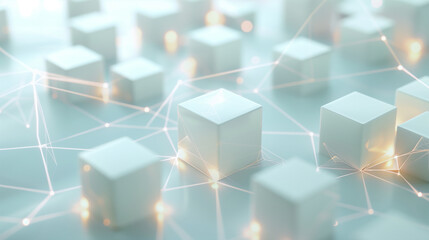 Obraz premium Abstract white cubes connected by glowing lines in a digital grid pattern
