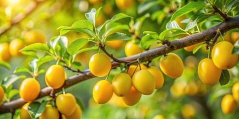 Ripe fruit of wild yellow Mirabelle cherry plum on a tree in Summer, Mirabelle, cherry plum, Prunus cerasifera, yellow, ripe