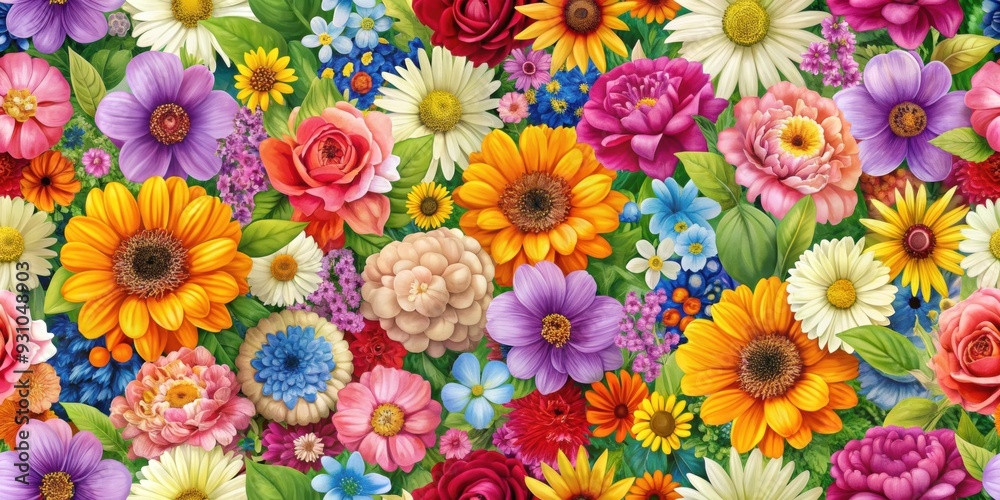 Poster Seamless pattern desktop wallpaper featuring a variety of colorful flowers, floral, pattern, wallpaper, background, seamless