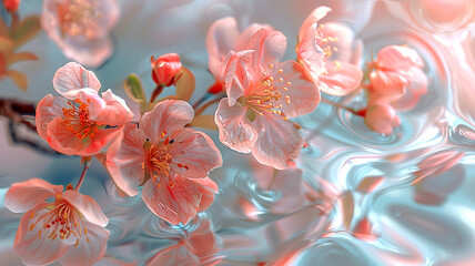 Delicate cherry blossoms reflected on turquoise water in a serene garden setting
