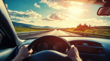 A captivating view from the driver seat, showcase a scenic road under a vibrant sunset sky with car, hand, sight, journey.