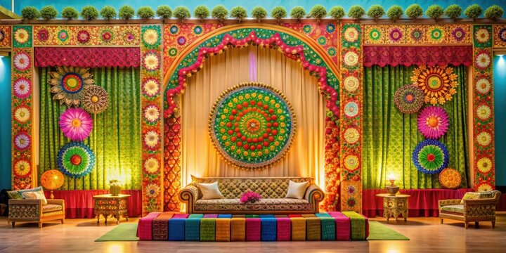 Colorful and intricate mehandi designs adorning a stage decor for a traditional event, stage, decoration, mehandi