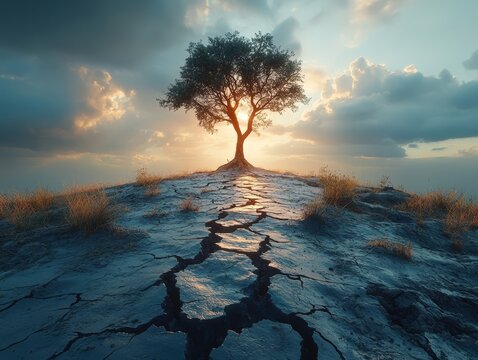 A cracked dry earth with a single dying tree symbo 1058 sea, sunset, beach, ocean, water, sky, landscape, sunrise, sun, nature, coast, cloud, wave, blue, clouds, dusk, horizon, winter, seascape, summe