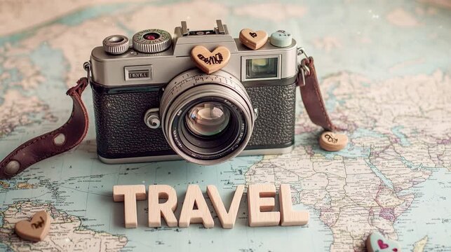 Vintage camera in travelling concept on the world map.