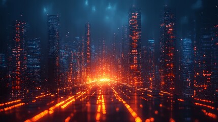 Obraz premium A futuristic cityscape with a glowing firewall bar 1039 light, fire, flame, orange, star, design, explosion, bright, red, glow, animation, sun, color, energy, texture, space, backgrounds, burn, black,