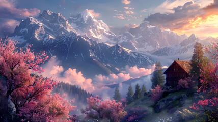 Serene mountain landscape at sunrise with vibrant cherry blossoms and a cozy cabin