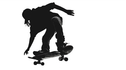 Naklejka premium Silhouette of a skateboarder mid-air performing a trick on a white background