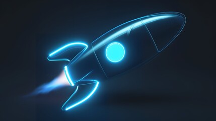 Digital rockets launch into outer space. Boosting and taking off career concepts. Abstract spaceship in blue on a technological background. blue neon rocket illustration with 3D effect.