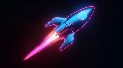 Digital rockets launch into outer space. Boosting and taking off career concepts. Abstract spaceship in blue on a technological background. blue neon rocket illustration with 3D effect.