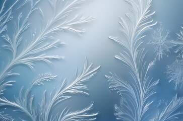Delicate frost patterns form on a glass surface, with cool blue tones and subtle sparkles, perfect for winter-themed or cooling cosmetic products. Made with generative AI technology