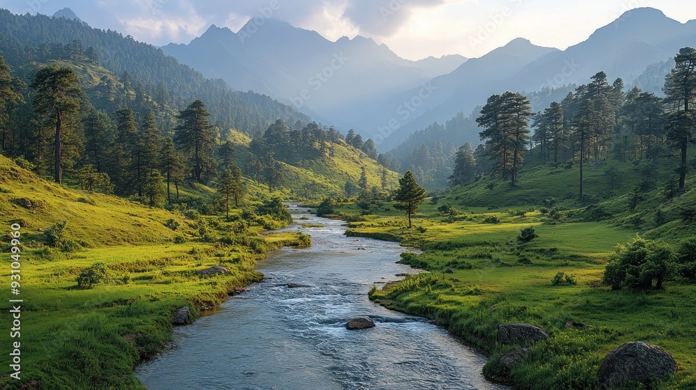 Canvas Prints Serene River Winding Through Lush Mountain Valley