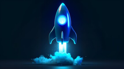 Digital rockets launch into outer space. Boosting and taking off career concepts. Abstract spaceship in blue on a technological background. blue neon rocket illustration with 3D effect.