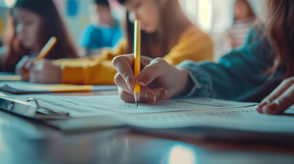 Obraz premium Students taking an exam in a classroom with focus on writing hand