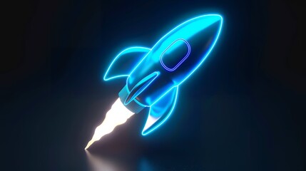Digital rockets launch into outer space. Boosting and taking off career concepts. Abstract spaceship in blue on a technological background. blue neon rocket illustration with 3D effect.