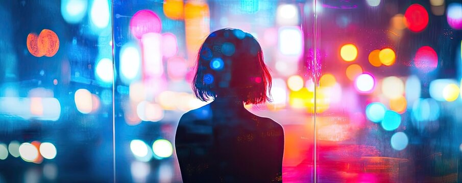 A silhouette of a person against a vibrant cityscape illuminated by colorful lights. Perfect for urban themes and nightlife.