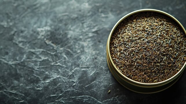 Spice tin of cumin seeds on dark marble background