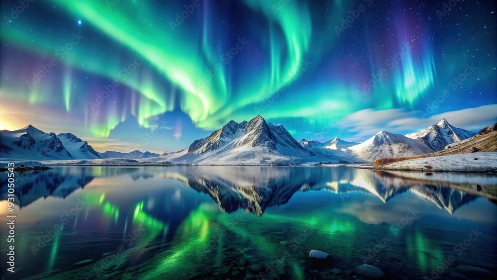 Poster Snow covered mountains under aurora sky with magical northern lights reflecting off the water , Arctic, North