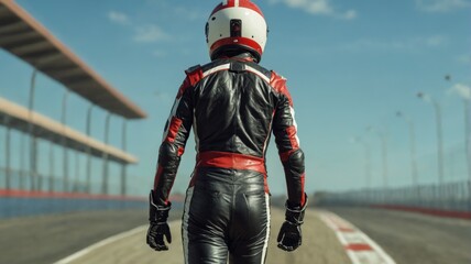 Person wearing red black motorcycle suit helmet walking A race c